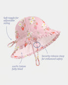 Labelled side view of the bell sunhat showing the soft toggle, cotton lining and safety-release chin clasp