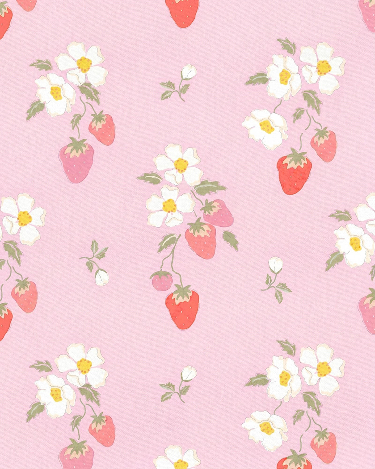 Close-up of the Strawberry Fields print of strawberries and white blossoms on pink