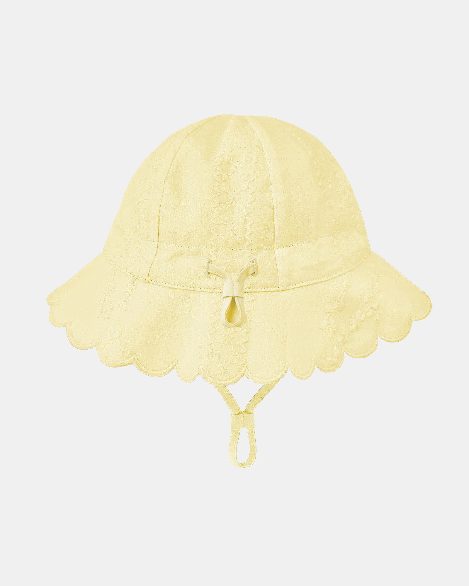 Toshi Florence bell sunhat in lemon embroidered cotton with a scalloped brim, head toggle and chin strap