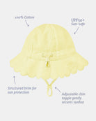 Labelled view of the Florence sunhat noting 100% cotton, UPF50+, structured brim and the adjustable chin toggle