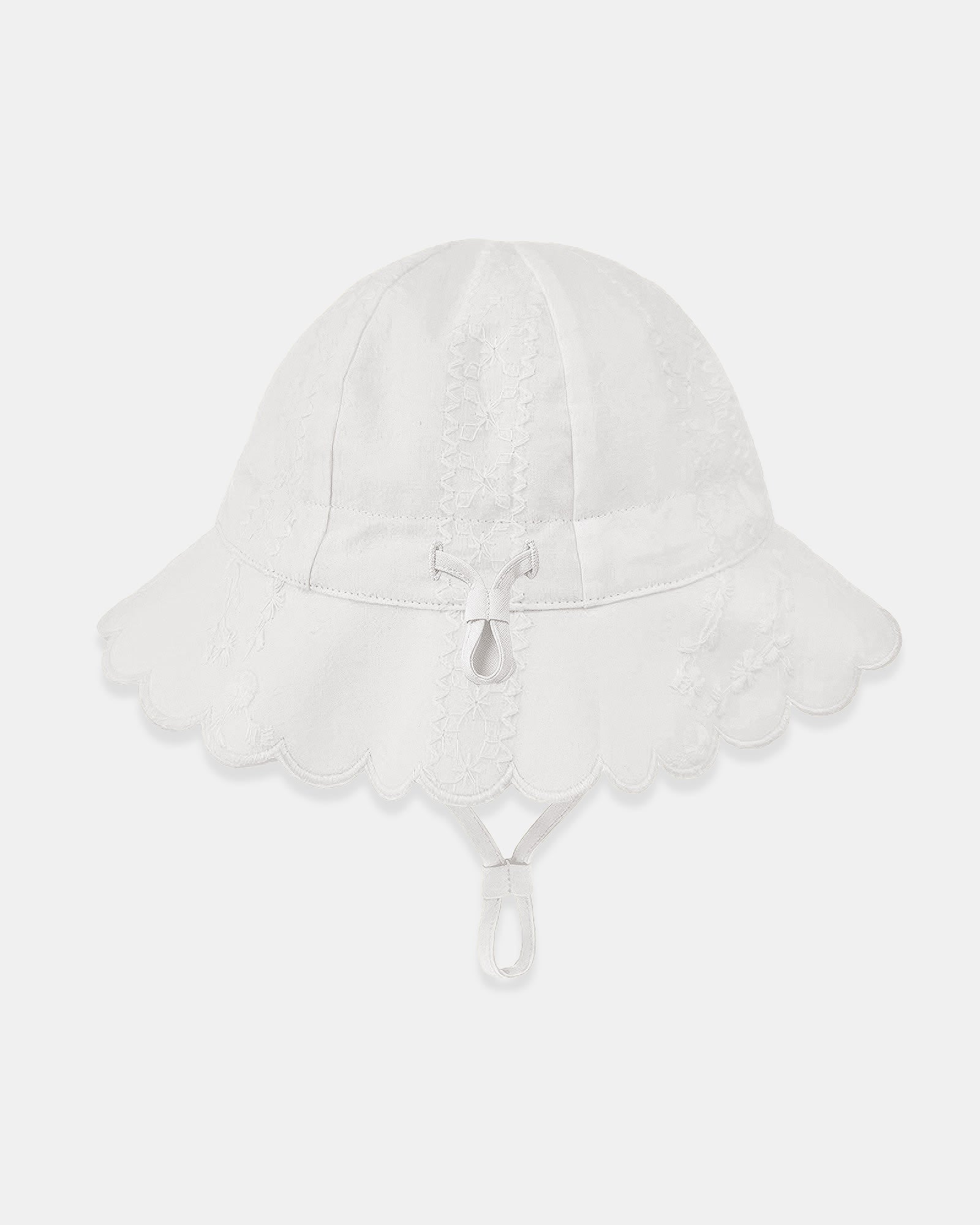 Toshi Florence bell sunhat in white embroidered cotton with a scalloped brim and chin strap