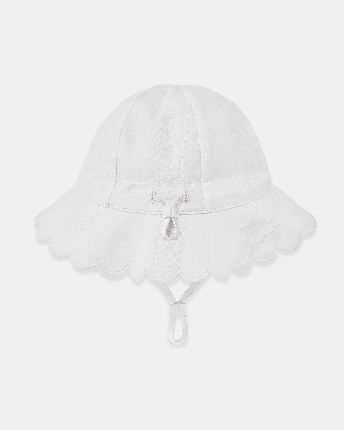 Toshi Florence bell sunhat in white embroidered cotton with a scalloped brim and chin strap