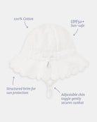 Labelled view of the Florence sunhat noting 100% cotton, UPF50+, structured brim and the adjustable chin toggle