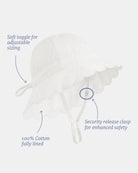 Labelled side view of the Florence sunhat showing the soft toggle, cotton lining and safety-release chin clasp