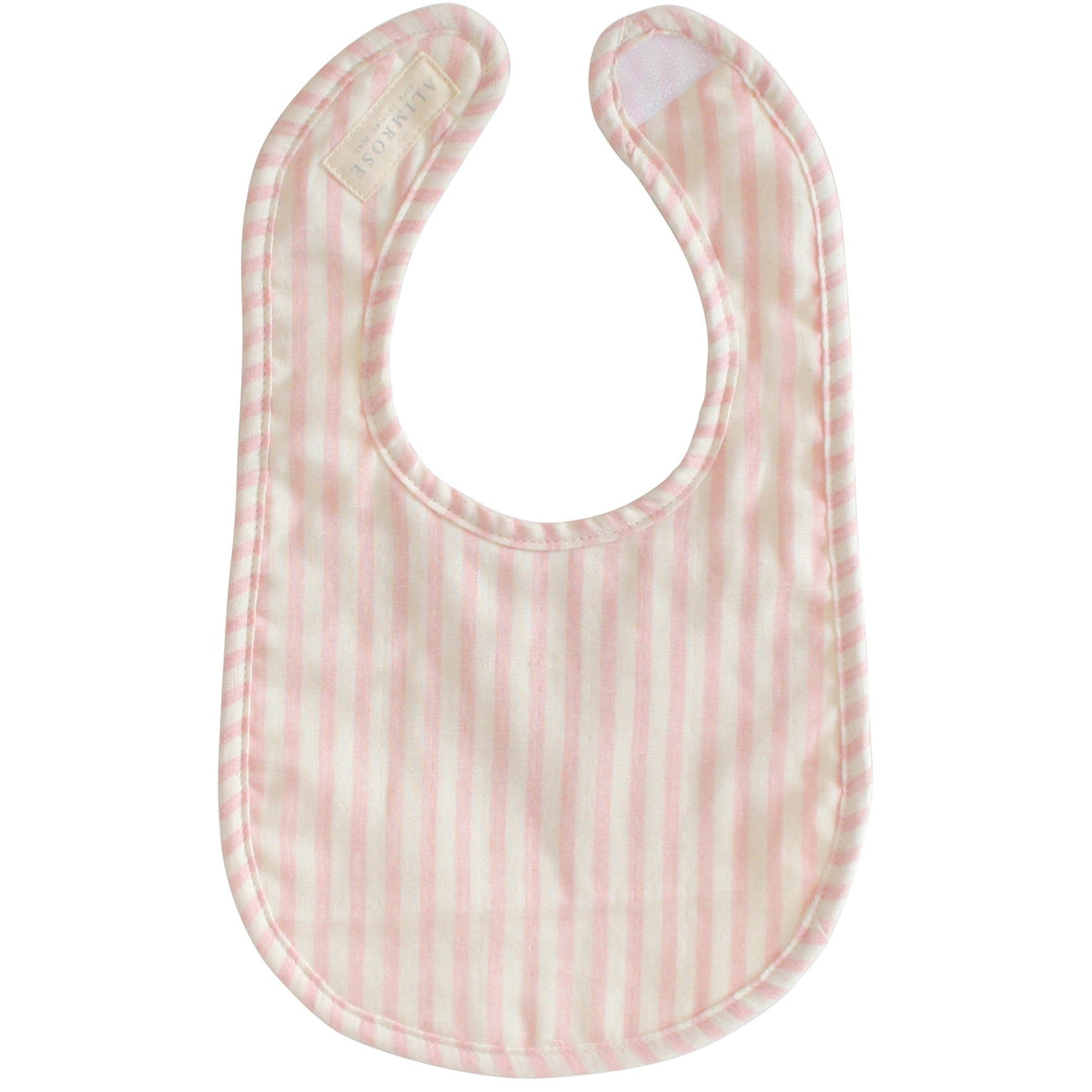 The back of the pink striped bib, showing its neck tab and label.
