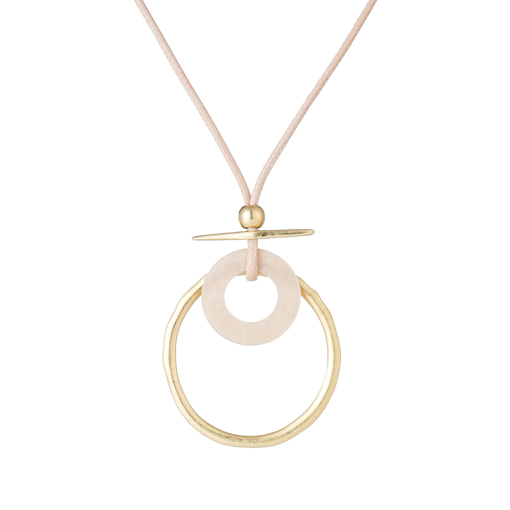 Blush cord necklace with a gold-tone ring and pale circle pendant