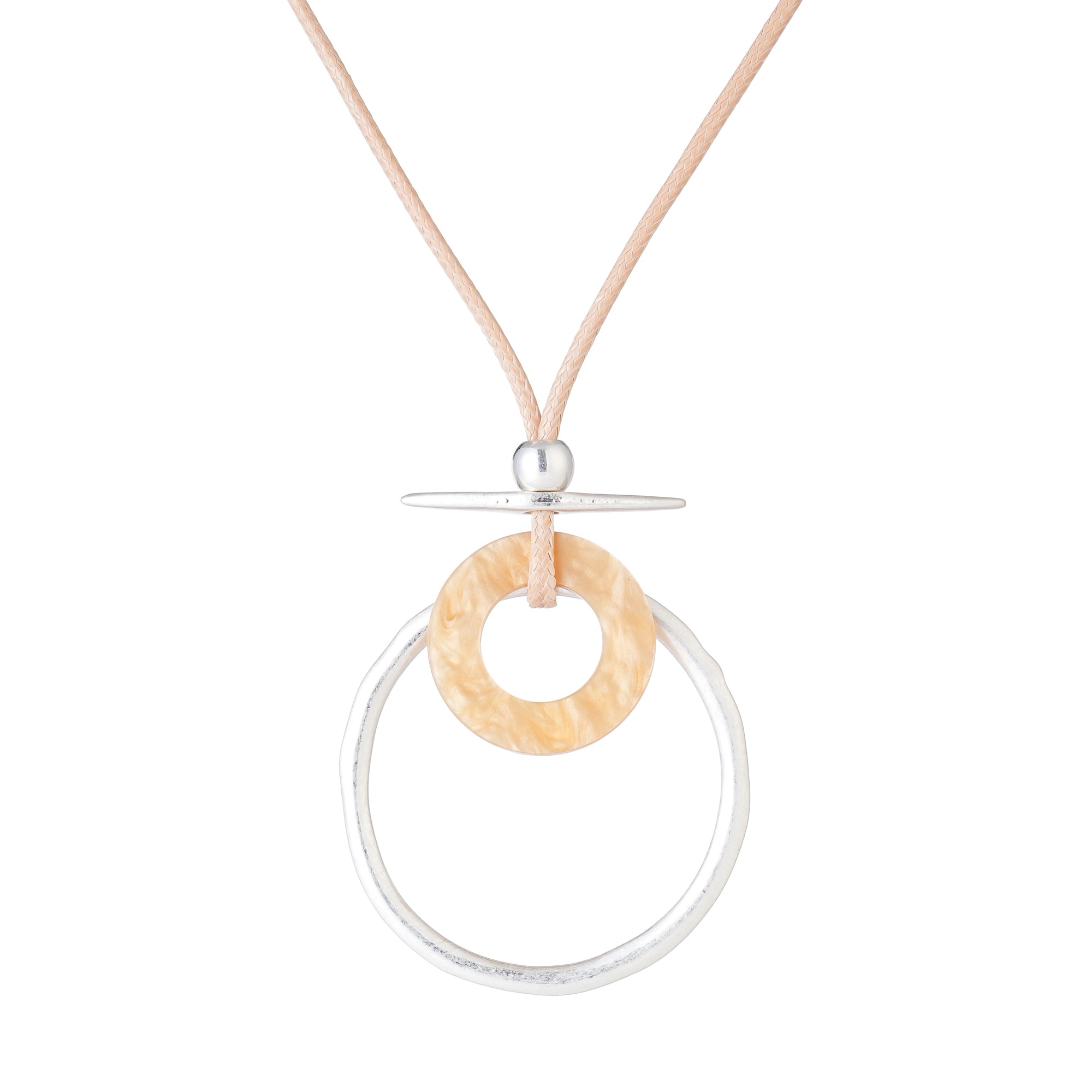 Silver-tone ring and woven-look circle pendant on a blush cord