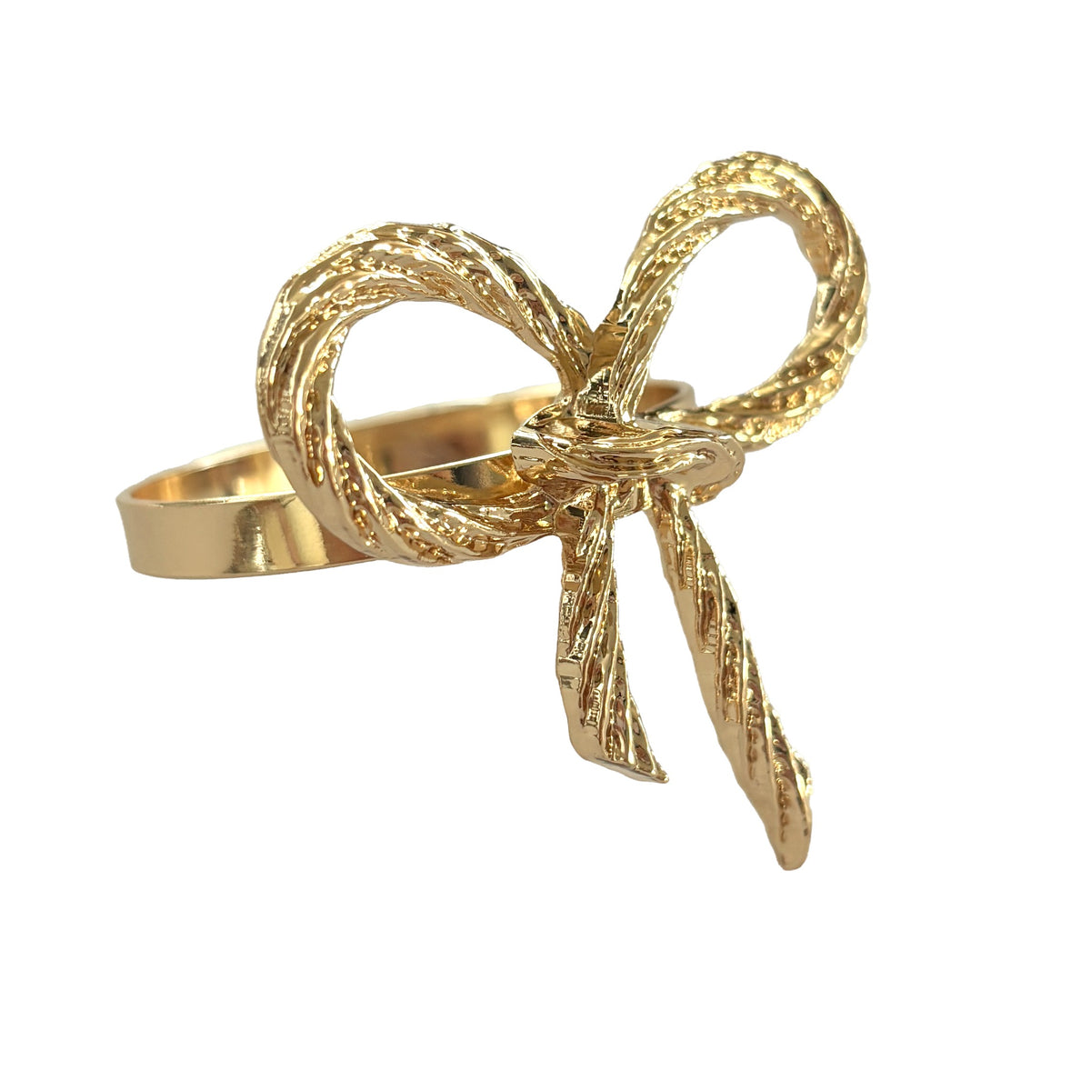Gold-tone bow napkin ring with a rope-twist bow on a round ring