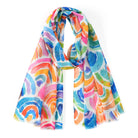 Scarf in a watercolour print of rainbow arches in blue, orange and pink
