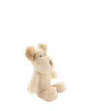Small cream plush dog rattle with tan ears and a brown nose, sitting upright.