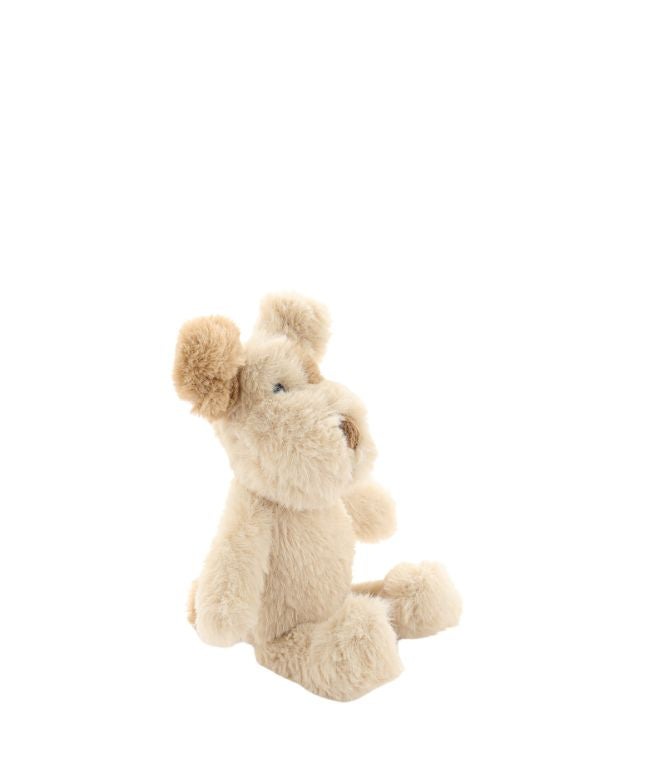 Small cream plush dog rattle with tan ears and a brown nose, sitting upright.
