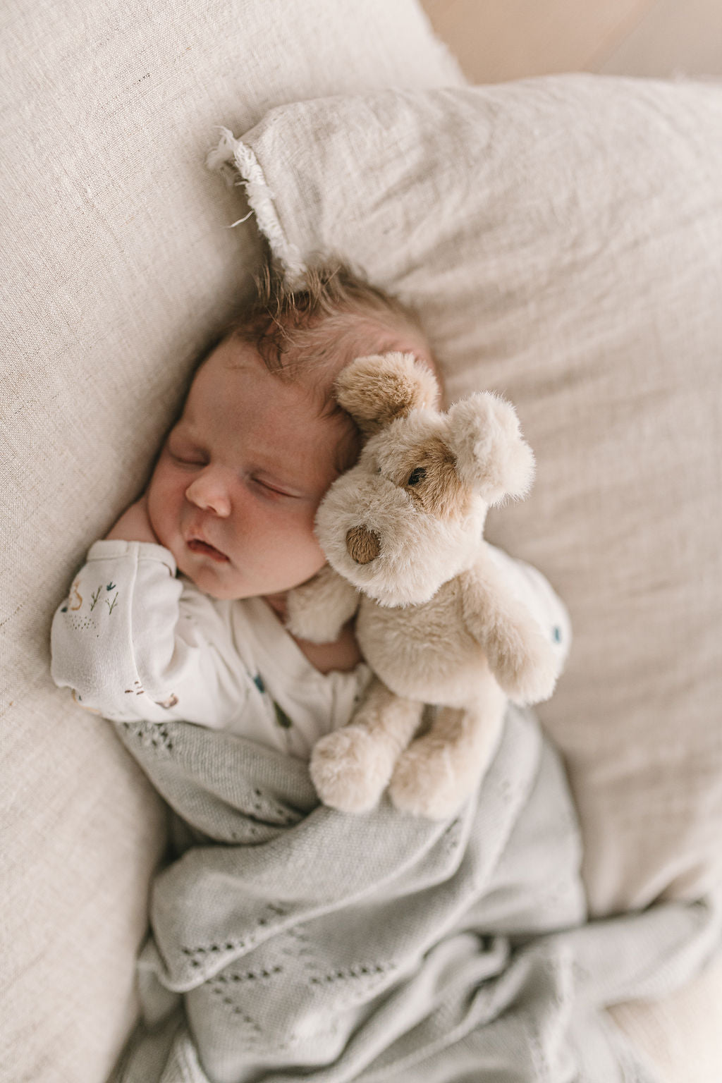 A sleeping baby cuddling the dog rattle under a grey blanket.