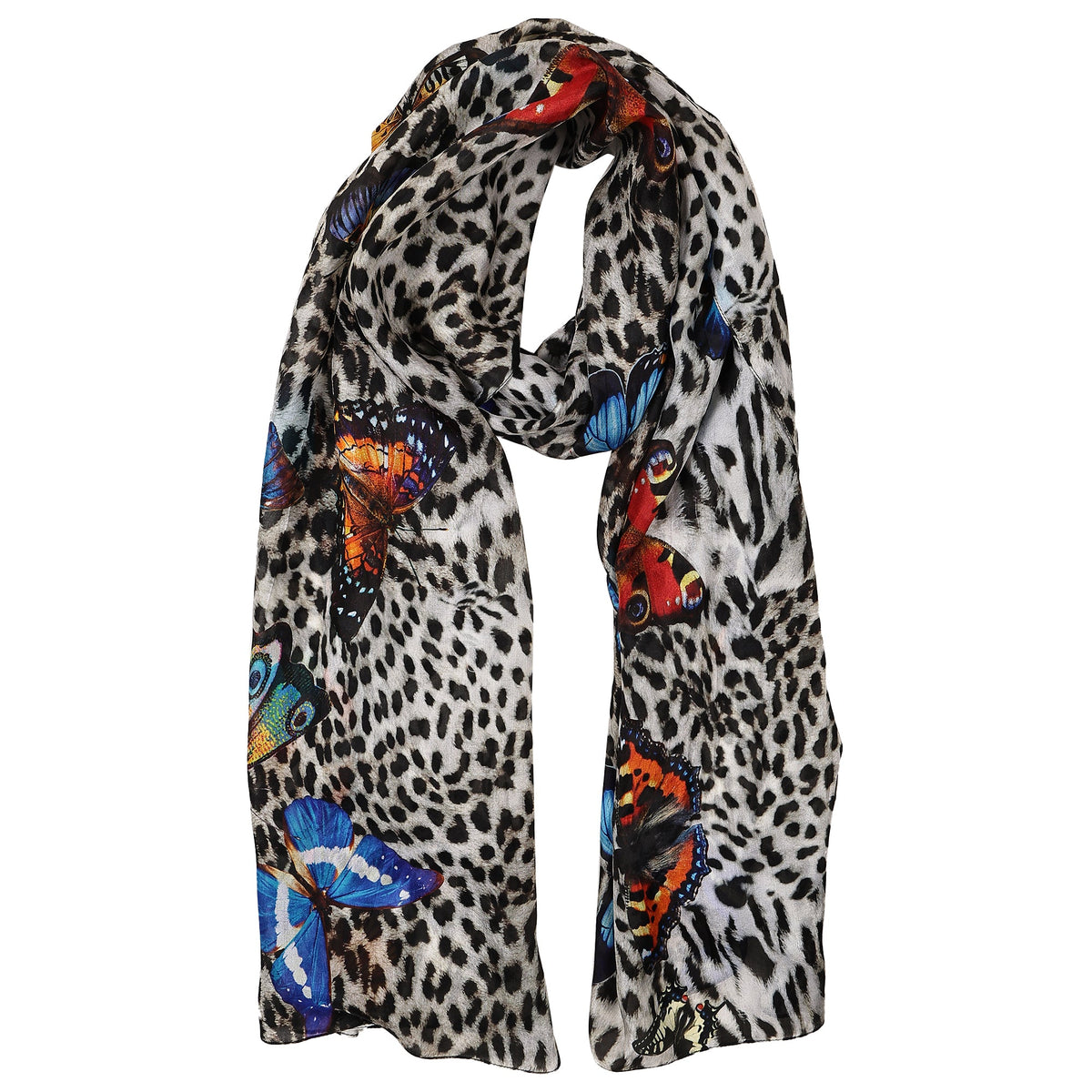Butterfly Jungle silk scarf draped, leopard pattern with blue and orange butterflies