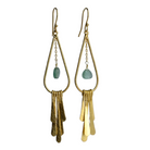 Euro Gold fringe earrings with teal-green gem drops on fine chains