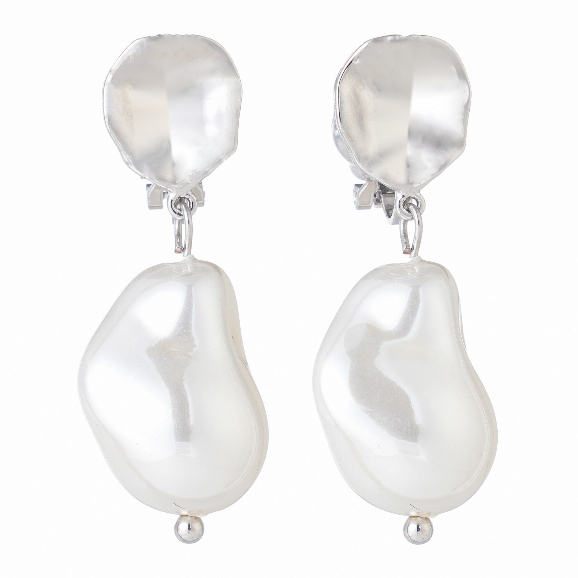 Silver-tone clip-on earrings with a hammered disc and baroque pearl drop