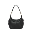 Black pebbled cross body bag with a rounded shoulder strap, antique gold rings and long zip pulls.
