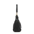 Side view of the black bag, showing its depth and a side zip pocket.
