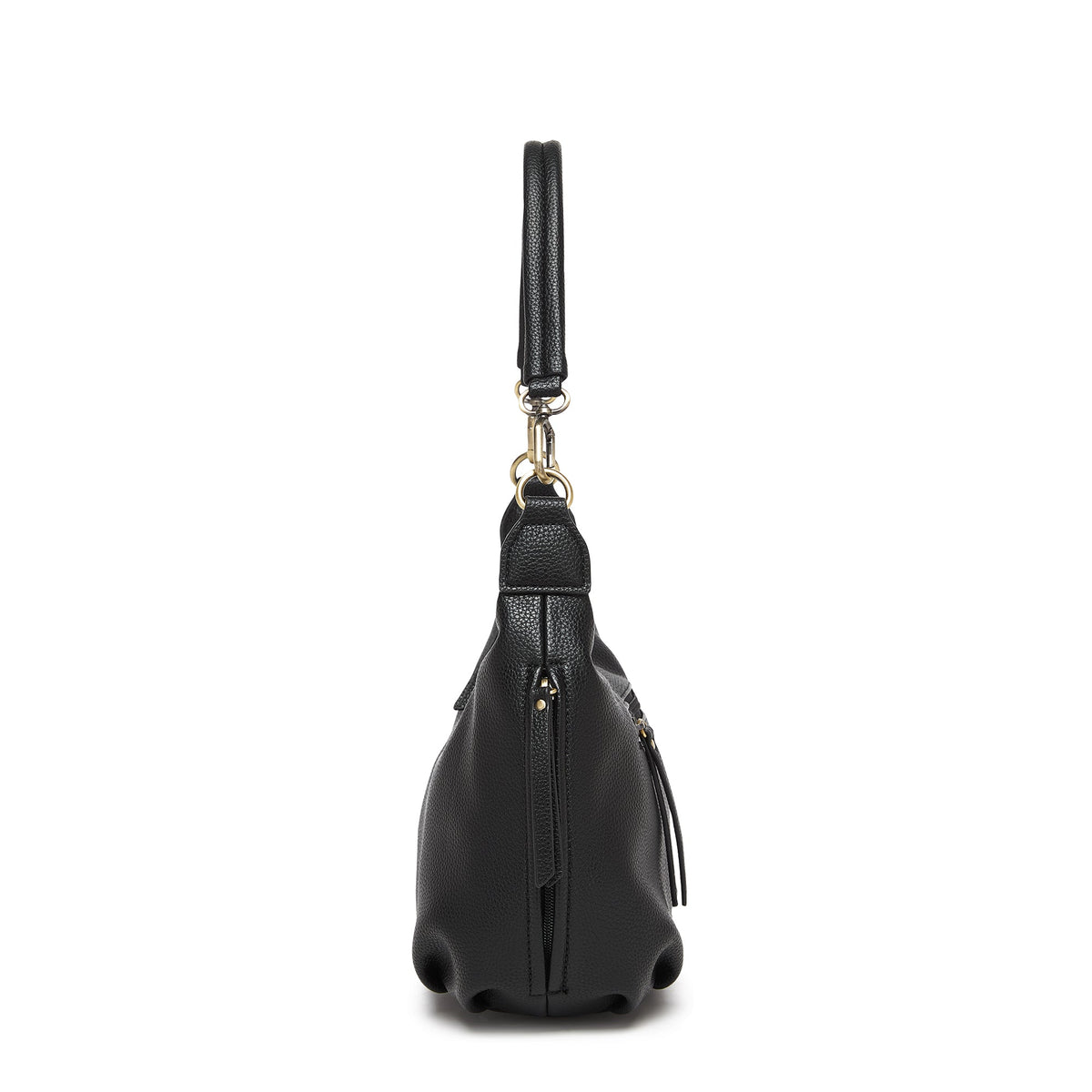 Side view of the black bag, showing its depth and a side zip pocket.