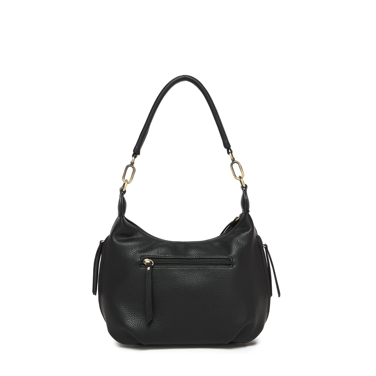 The back of the black bag, with a zipped pocket across it.