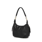 The black bag at an angle, showing a side zip pocket.