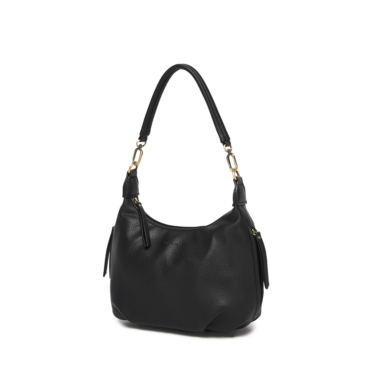 The black bag at an angle, showing a side zip pocket.