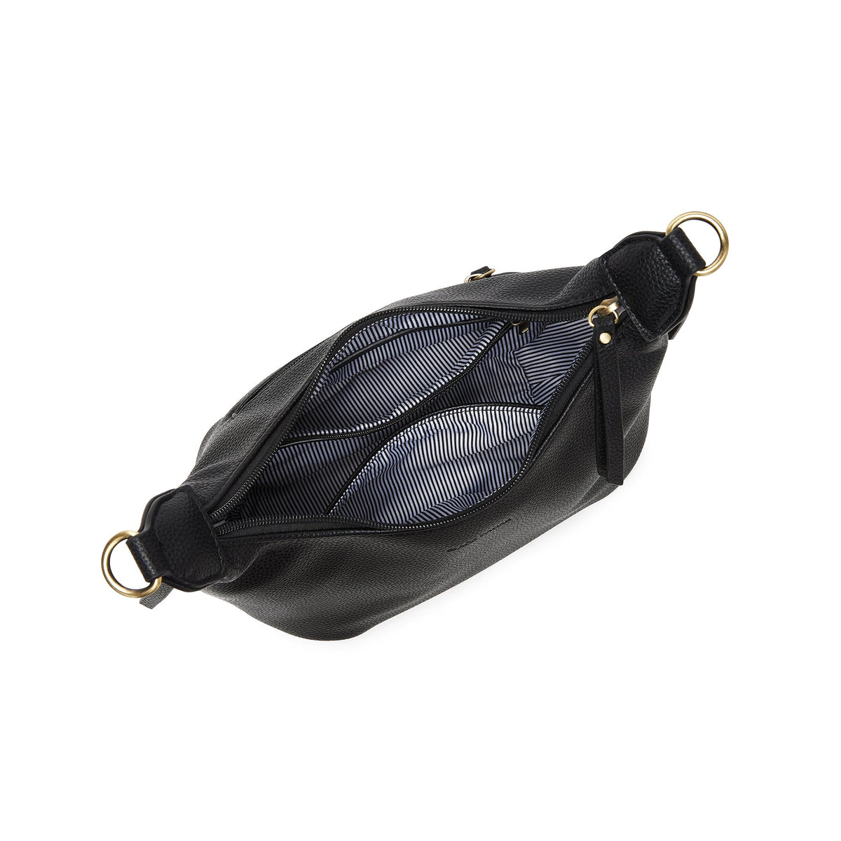 The black bag open from above, showing a striped lining and inside pockets.