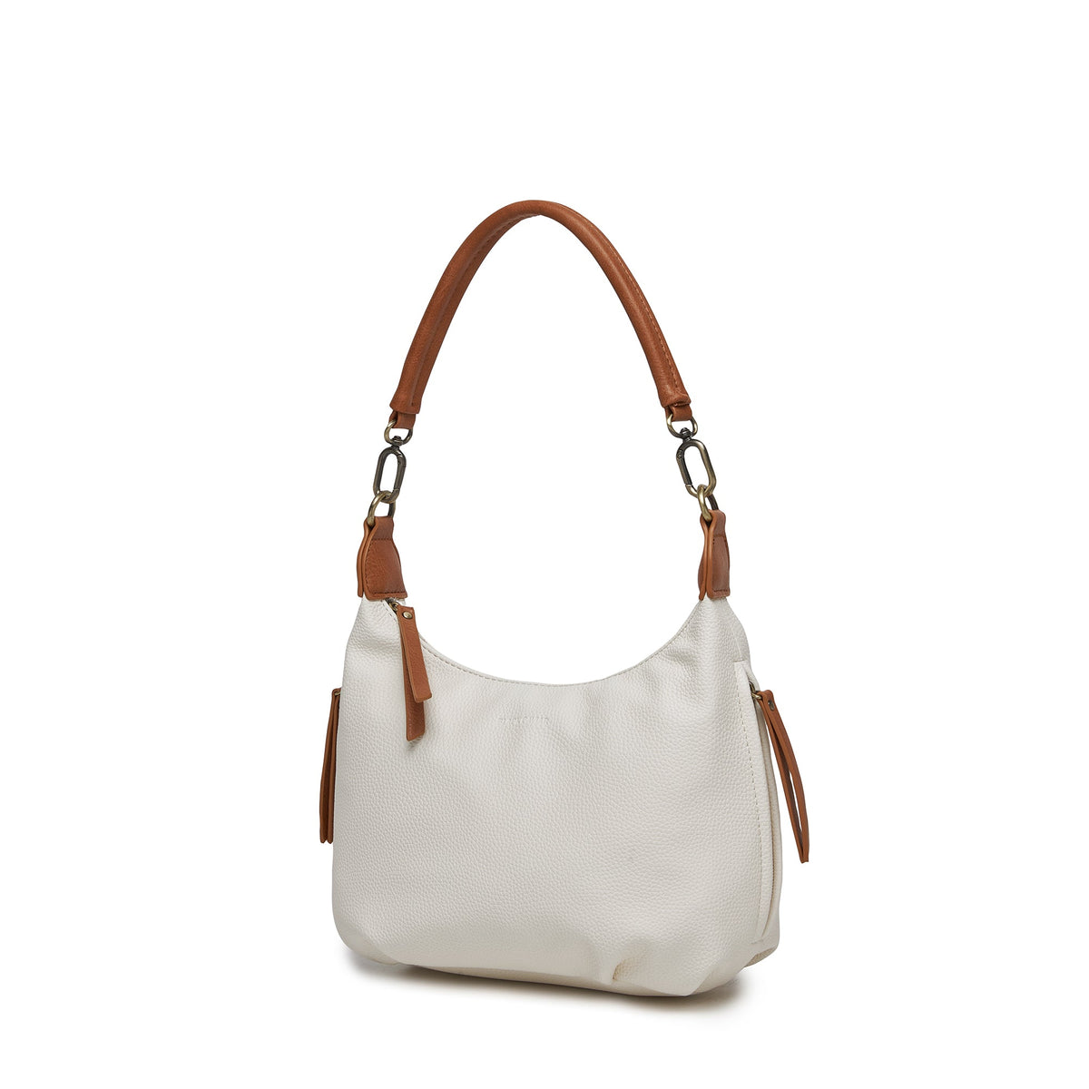 The white bag at an angle, showing a side zip pocket with a tan pull.
