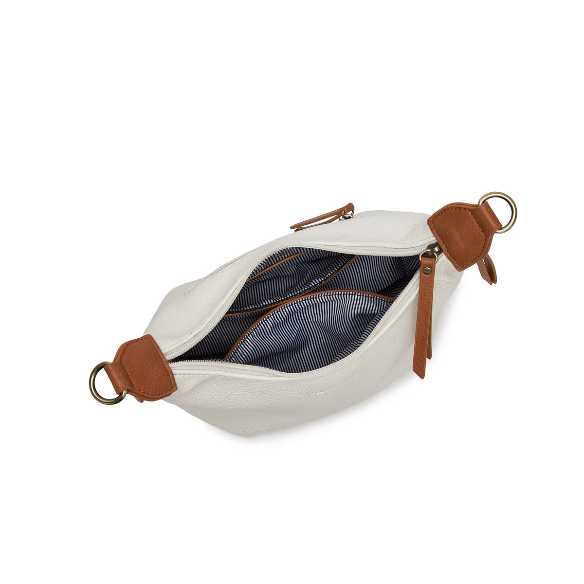 The white bag open from above, showing a striped lining and inside pockets trimmed in tan.