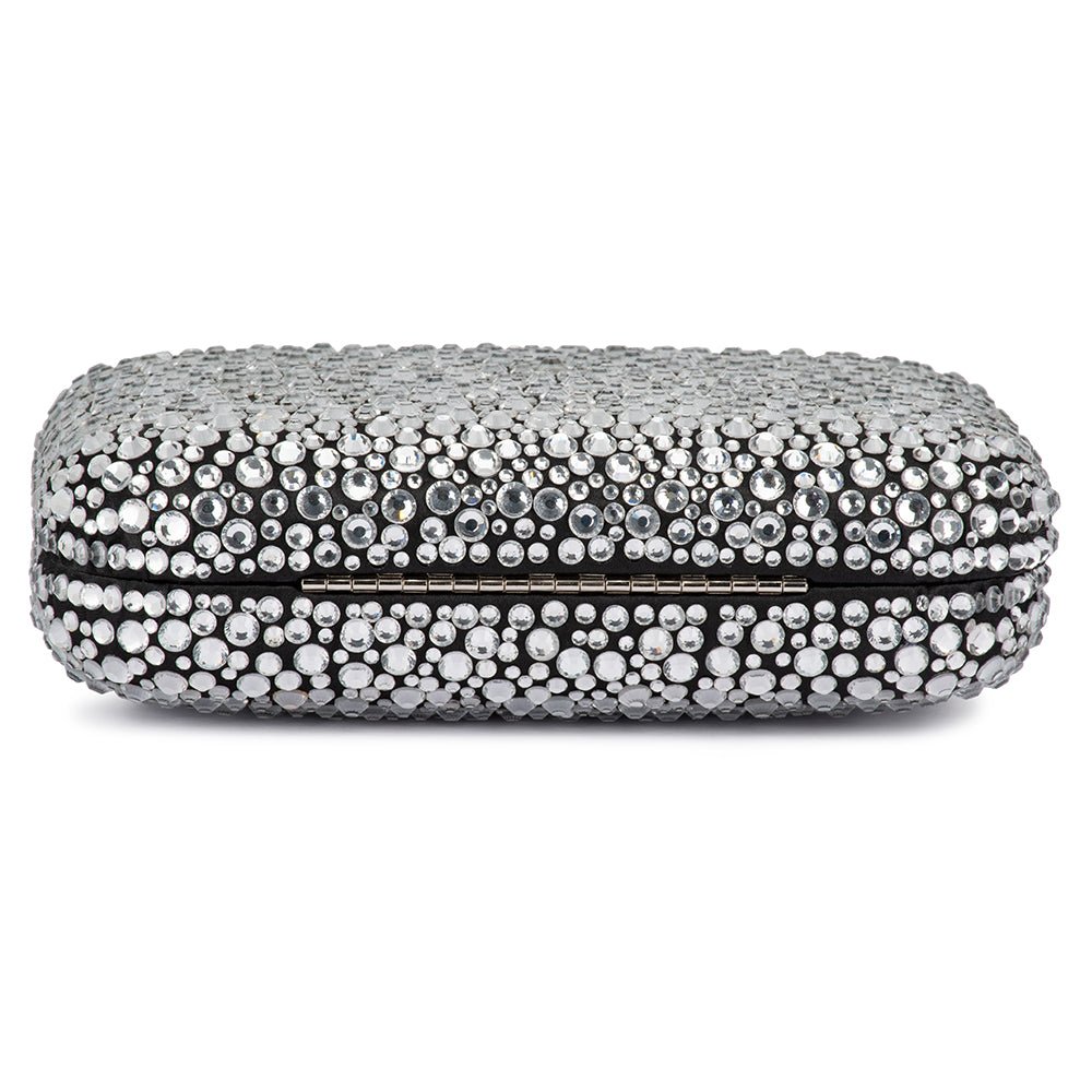 Back of the crystal clutch with a slim silver hinge along the seam
