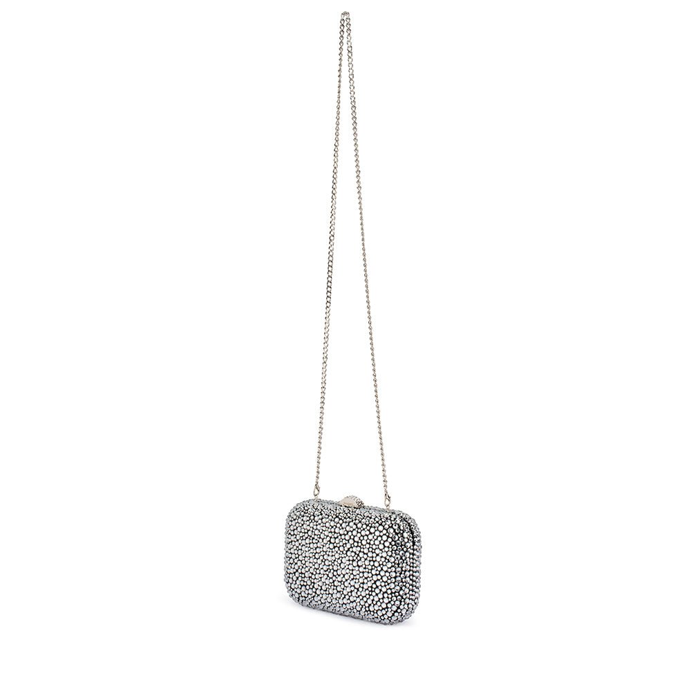 The crystal clutch hanging from its long silver chain