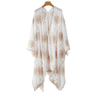 White open-front cover-up printed with tan fan flowers, shown on a hanger