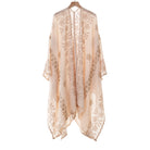 Cream open-front cover-up with a tonal garland print, shown on a hanger