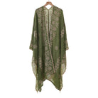 Green open-front cover-up with a cream garland print, shown on a hanger
