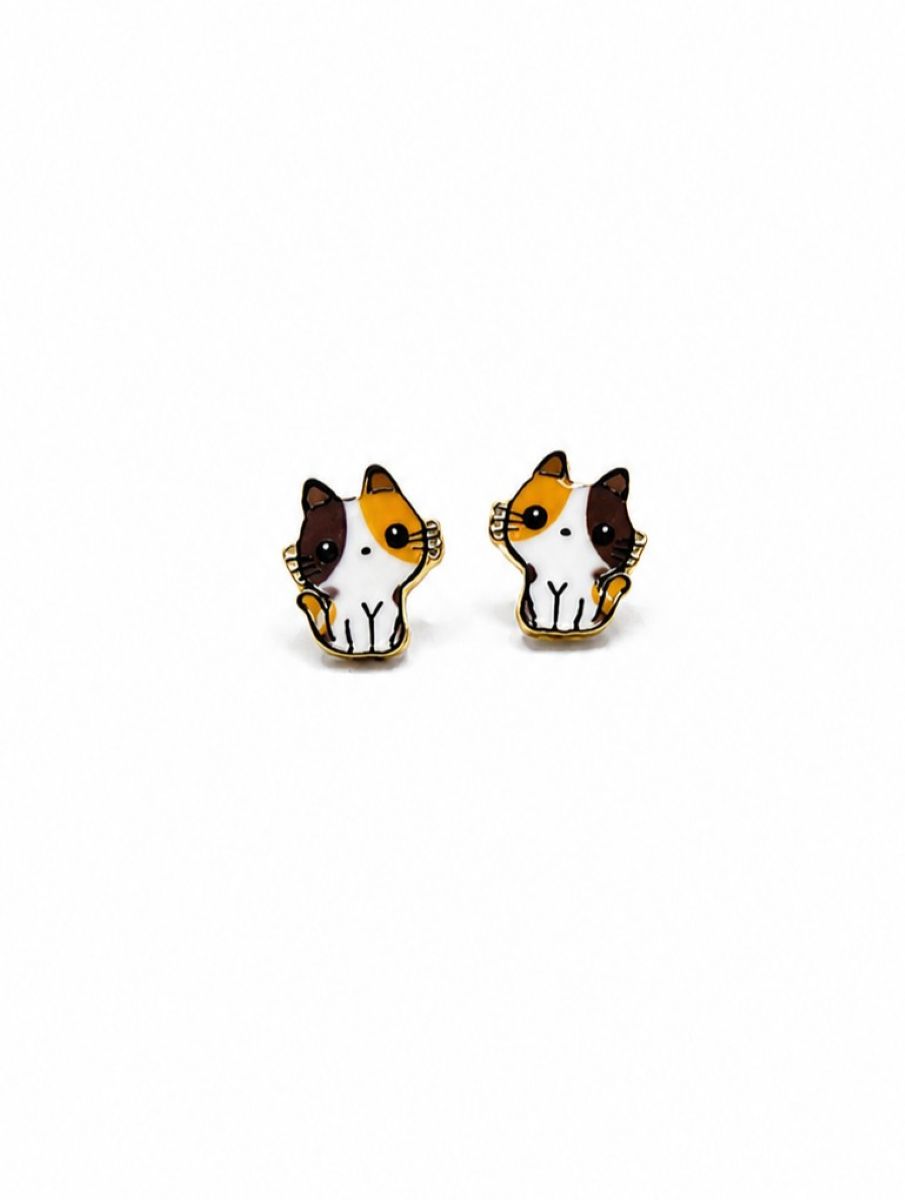 Pair of cat stud earrings, white cats with brown and ginger patches sitting upright