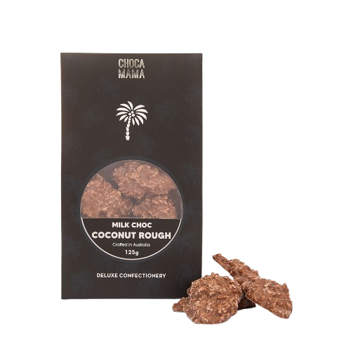 Black Chocamama box of milk chocolate coconut rough with a white palm tree and a round window, three roughs in front