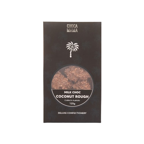 Black milk chocolate coconut rough box with a white palm tree, front view