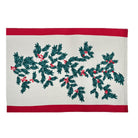 Christmas Foliage cotton placemat with green leaves and red berries on white and a red stripe top and bottom