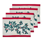 Four Christmas Foliage cotton placemats fanned in a stack, green leaves and red berries on white with red stripes