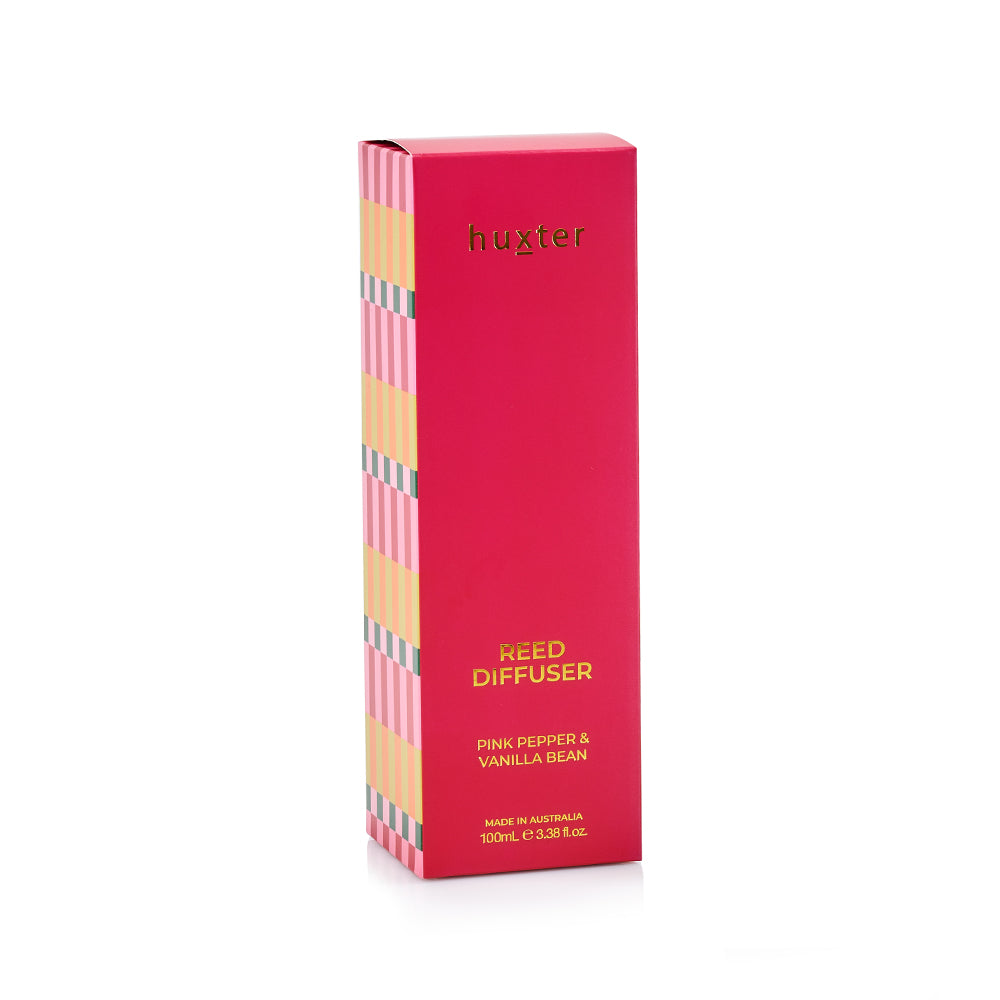 Red Huxter reed diffuser box, Pink Pepper & Vanilla Bean, 100 mL, made in Australia.