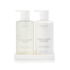 A frosted Huxter hand and body wash bottle and a white lotion bottle, Pink Pepper & Vanilla Bean, with white pumps on a white silicone tray.