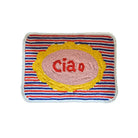 Rectangular beaded tray with Ciao in red on a pale pink oval, a scalloped yellow frame, and red, white and navy stripes inside a white beaded border.