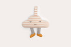 Knitted cloud in pink and cream stripes with a stitched sleepy face, grey legs and mustard feet, hanging from a knitted tab.