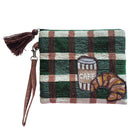 Beaded zip clutch in a green, brown and cream check with a beaded coffee cup and croissant, a brown tassel and a wrist strap.