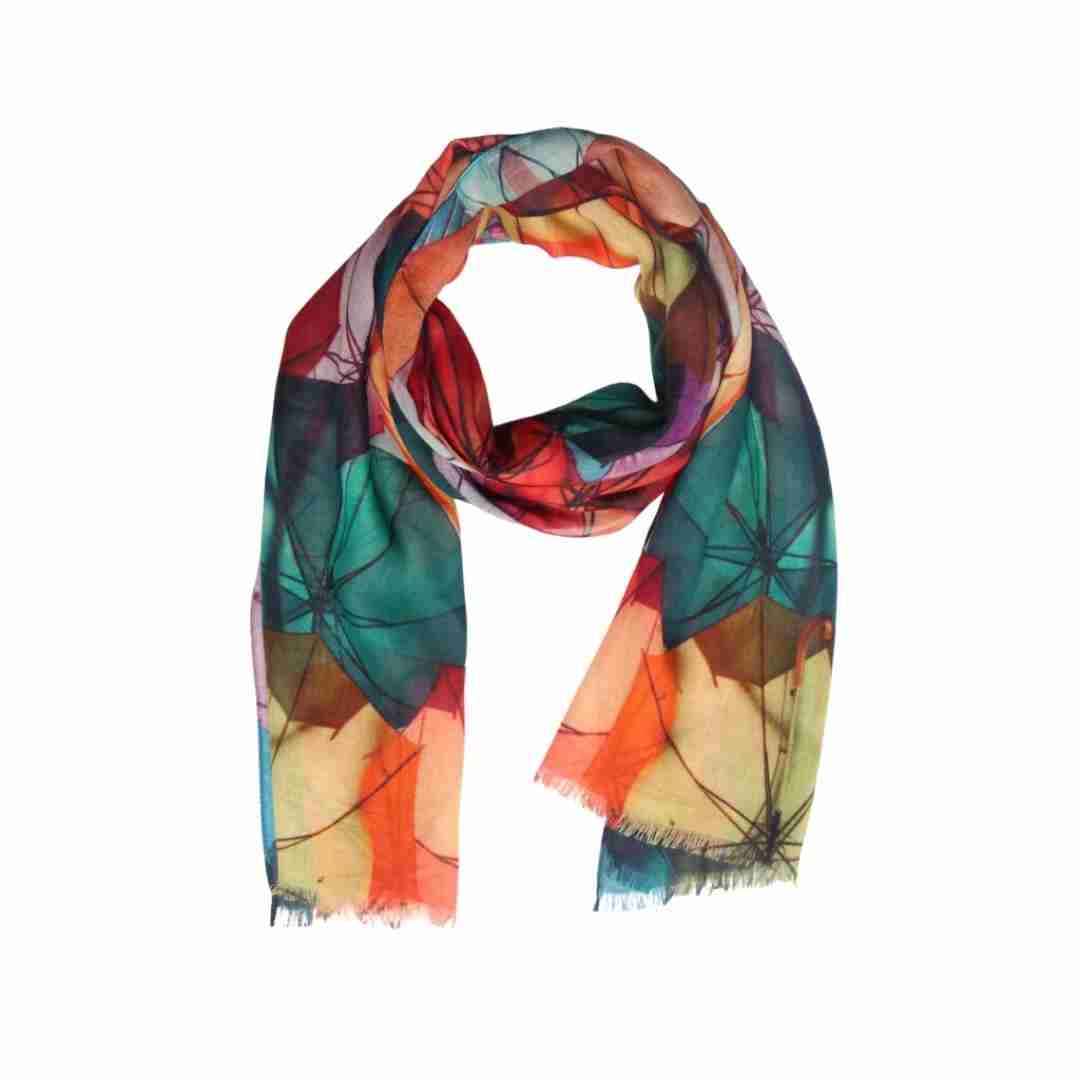 Colour Splash Umbrella cotton modal scarf draped, overlapping umbrellas in orange, red, teal and green