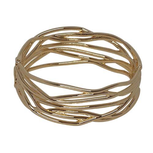 Wide gold hinged bangle of fine polished lines that cross and weave around the band, with open spaces between them.