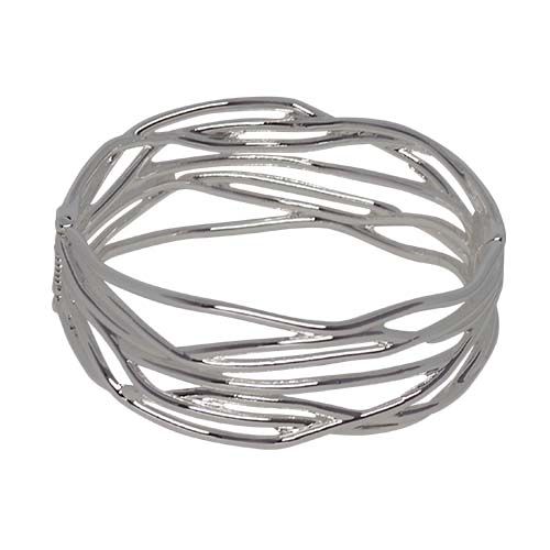 Wide silver hinged bangle of fine polished lines that cross and weave around the band, with open spaces between them.