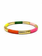 Bracelet of curved bars in yellow, green, orange and pink with polished gold-tone sections