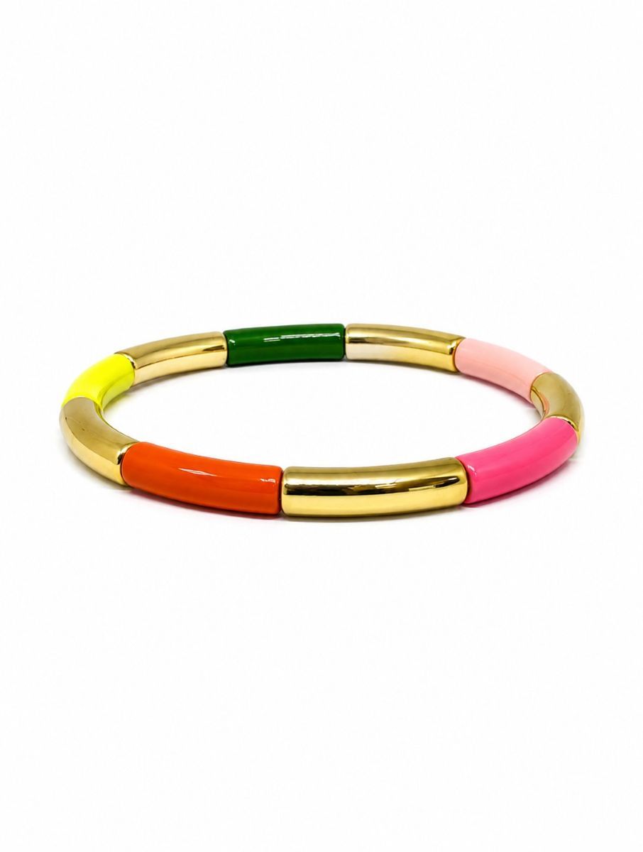 Bracelet of curved bars in yellow, green, orange and pink with polished gold-tone sections