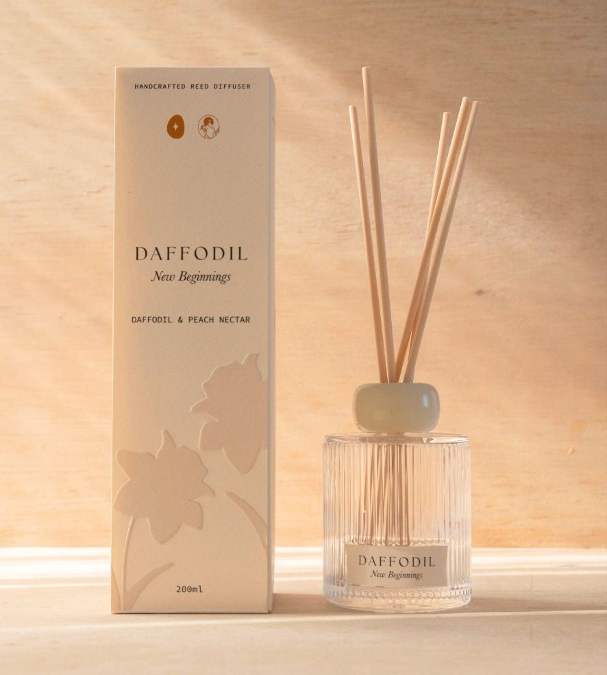The Daffodil reed diffuser, a ribbed glass bottle with natural reeds, beside its cream box.