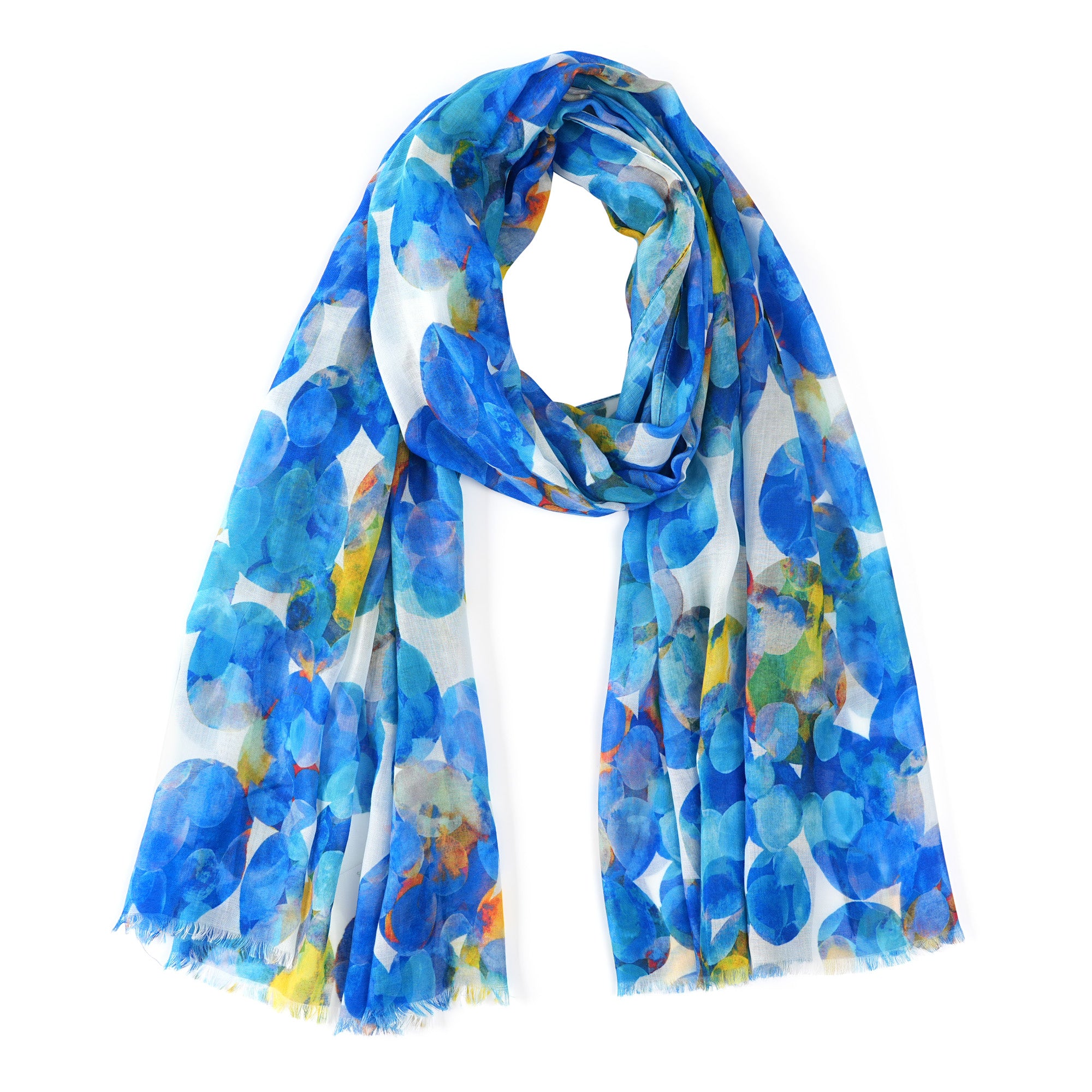 Scarf printed with overlapping blue dots and touches of yellow and orange